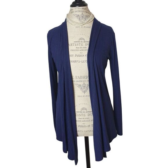 Tiffany & Grey Open Front Ribbed Cardigan Lg Petite Navy Blue Long-Sleeve - Picture 1 of 5